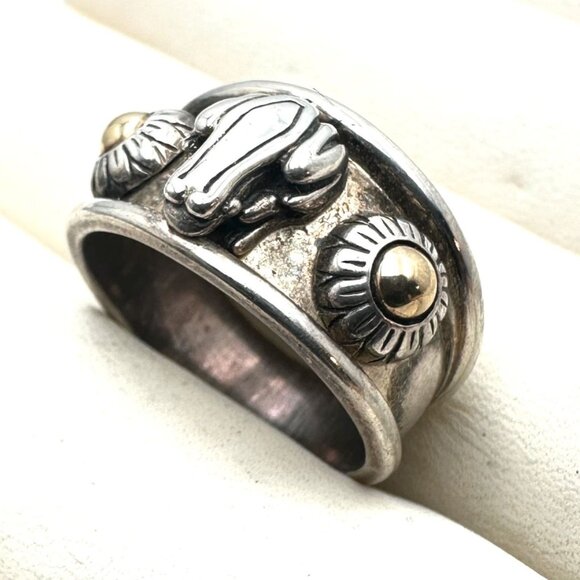 Barry Kieselstein Cord Sterling Silver 14K Gold Frog & Flower Ring Size 10 - Picture 3 of 4